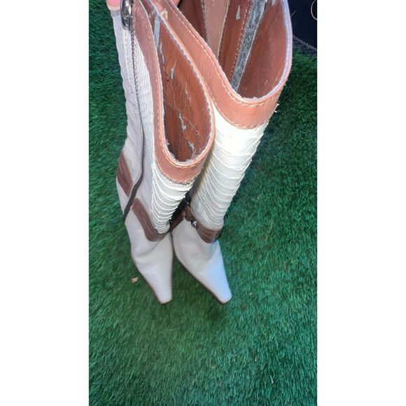 Schutz Womens Ivory With Brown leather Riding Boots Strap Buckle Boot SZ 7 B - Picture 5 of 16